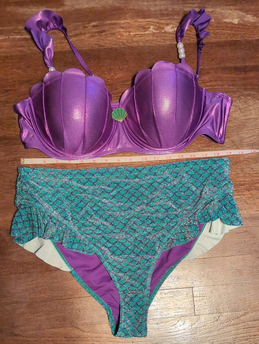 Mermaid Purple Shell Bikini Top and Green Scale High-Waist Bottoms